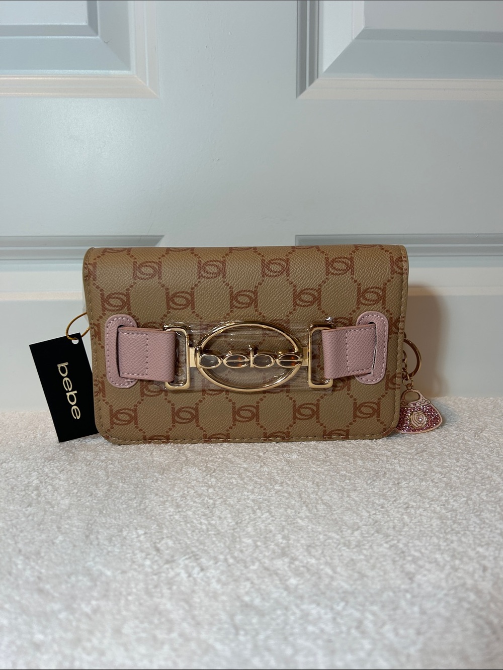 bebe Leilani Almond and Powder Pink Signature Crossbody Bag